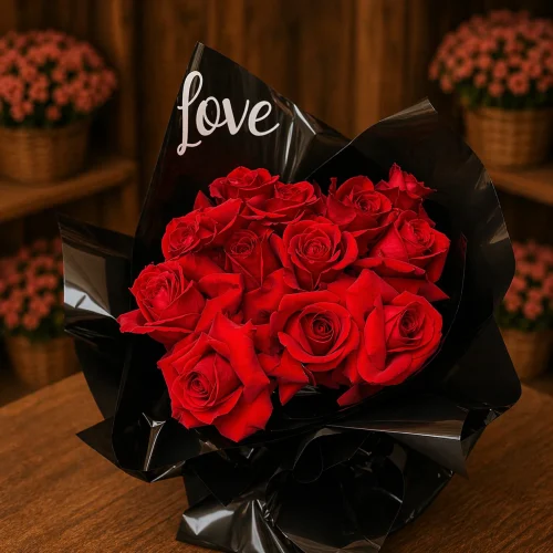 BUQUÊ COM 12 ROSAS NA EMBALAGEM PRETA