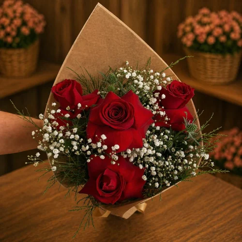 BUQUÊ COM 4 ROSAS VERMELHAS
