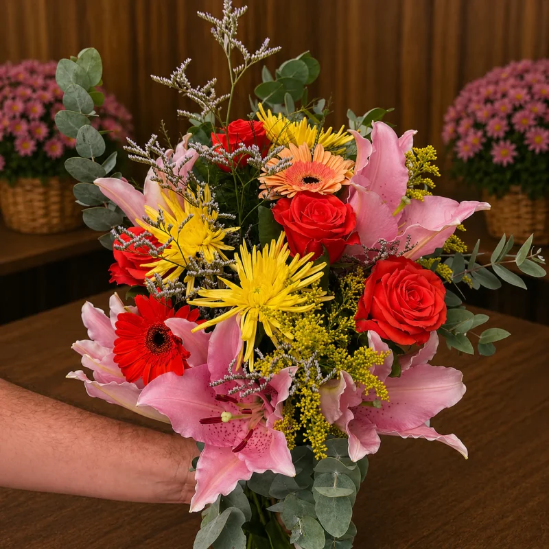 BUQUÊ DE LÍRIOS, ROSAS, GÉRBERAS E EUCALIPTOS