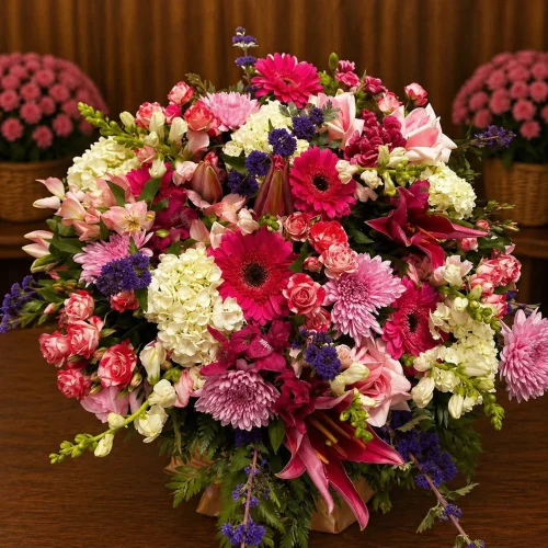 RAMALHETE COM GÉRBERAS, HORTÊNCIAS, ROSAS E FLORES DIVERSAS