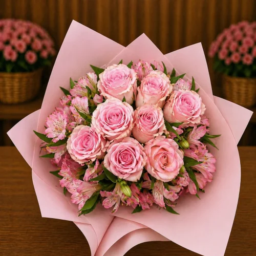 BUQUÊ DE ROSAS COR DE ROSA E ASTROMÉLIAS