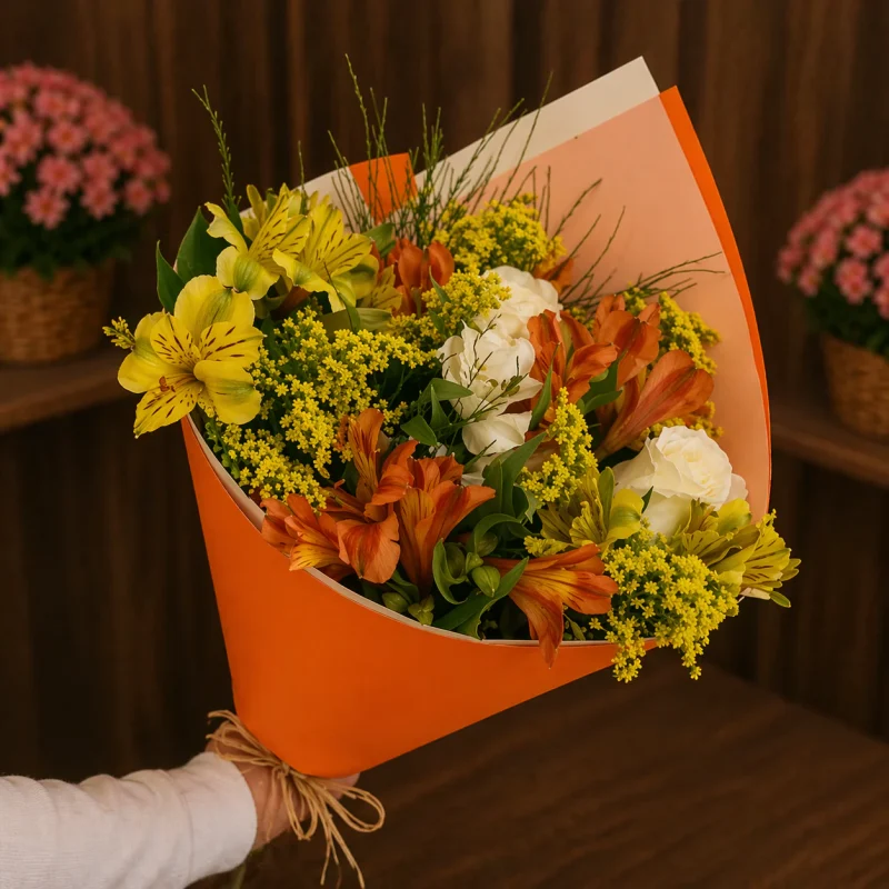 BUQUÊ COM FLORES LARANJA NA EMBALAGEM LARANJA