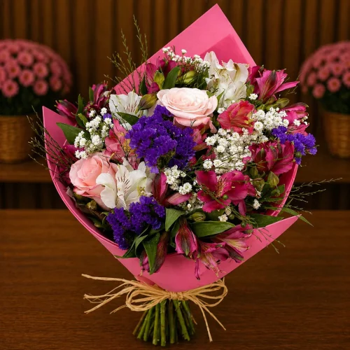 BUQUÊ DE ASTROMÉLIAS E ROSAS NA EMBALAGEM ROSA