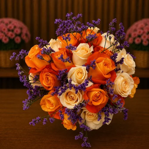 BUQUÊ DE ROSAS LARANJA E CHAMPAGNE