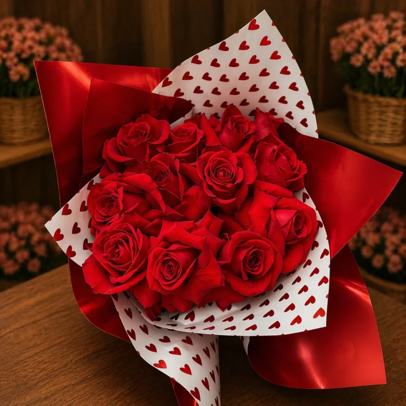 BUQUÊ COM 12 ROSAS NA EMBALAGEM DE CORAÇÃO