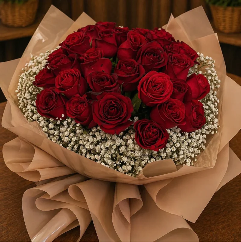 BUQUÊ COM 32 ROSAS E EMBALAGEM CREME
