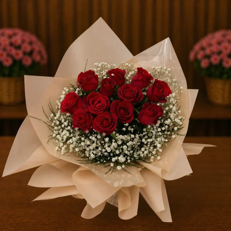 BUQUÊ DE ROSAS E GYPSOPHILA NA EMBALAGEM CREME