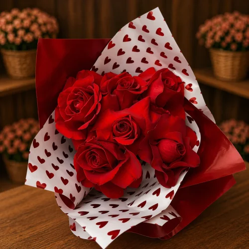 BUQUÊ DE ROSAS NA EMBALAGEM DE CORAÇÃO