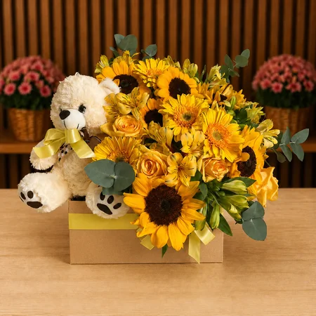 BOX COM GIRASSÓIS, FLORES AMARELAS E PELÚCIA