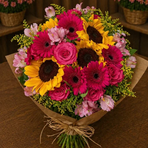 BUQUÊ COM GIRASSÓIS E FLORES PINK