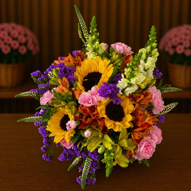 BUQUÊ DE GIRASSÓIS E MIX DE FLORES DO CAMPO