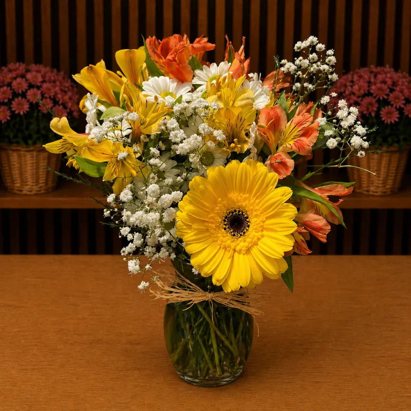 VIDRO COM FLORES AMARELAS E BRANCAS
