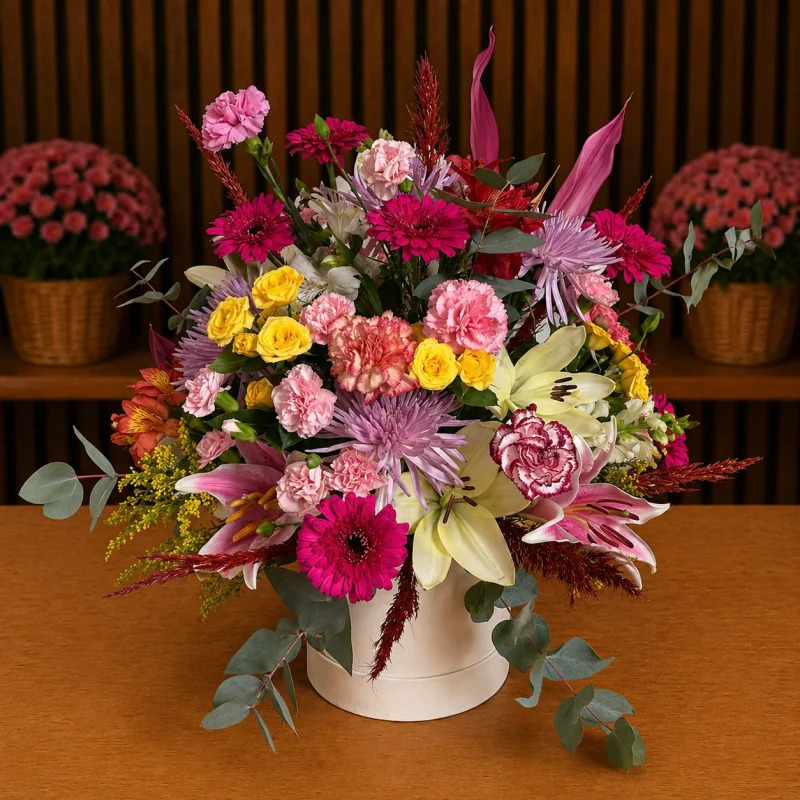 BOX COM MIX DE FLORES DO CAMPO NOS TONS COLORIDOS