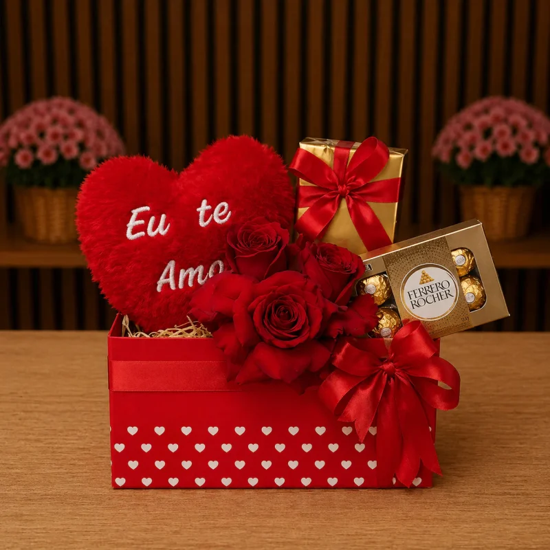 BOX COM ROSAS, BOMBOM E PELÚCIA DE CORAÇÃO