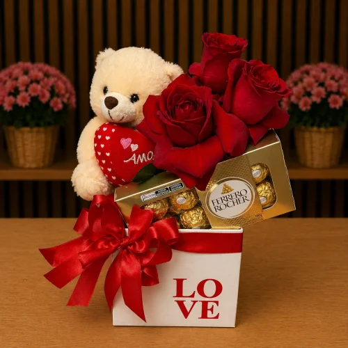 BOX COM ROSAS VERMELHAS, PELÚCIA E FERRERO ROCHER