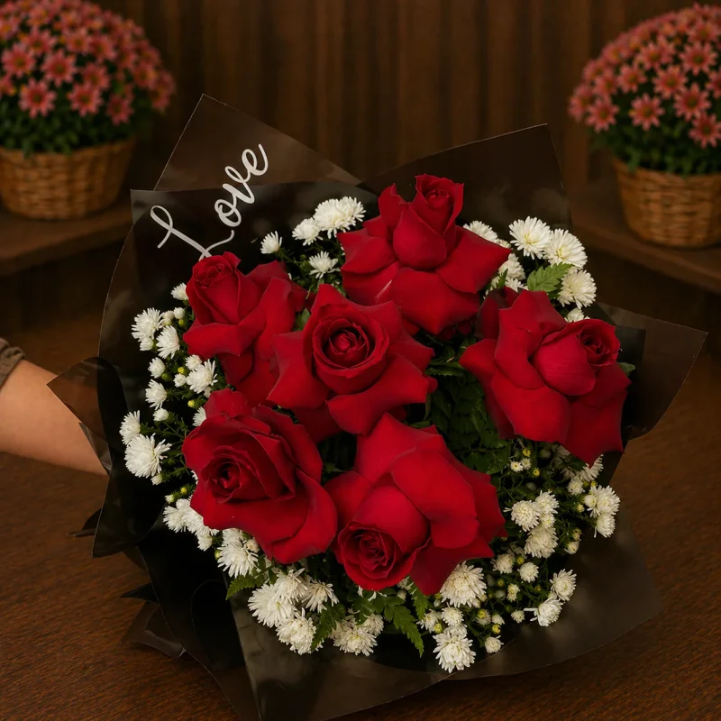 BUQUÊ DE ROSAS VERMELHAS E ASTER