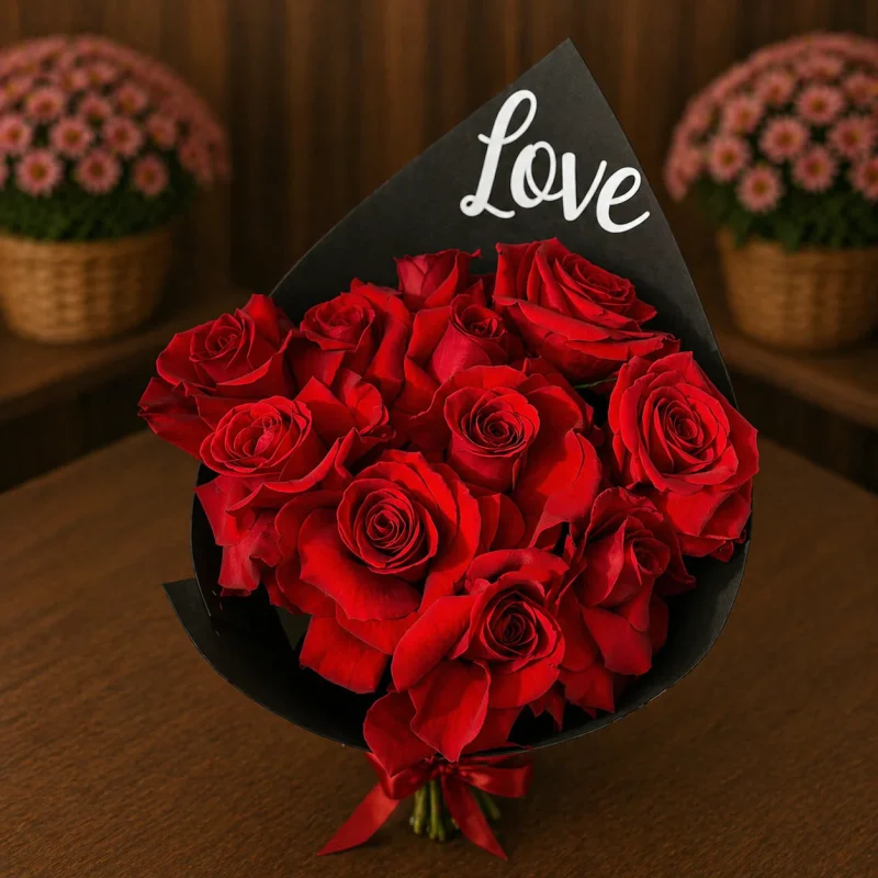 BUQUÊ LOVE COM 12 ROSAS