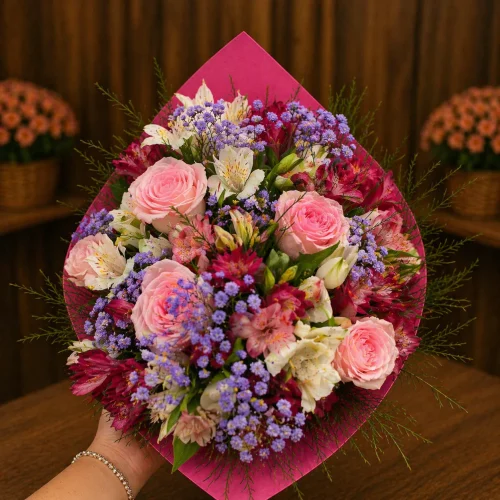 BUQUÊ COM FLORES ROSA BEBÊ NA EMBALAGEM ROSA