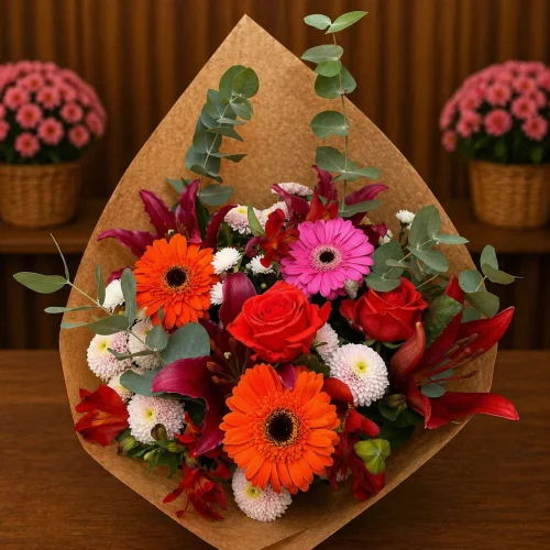 BUQUÊ COM GÉRBERAS, ROSAS E ECALIPTOS