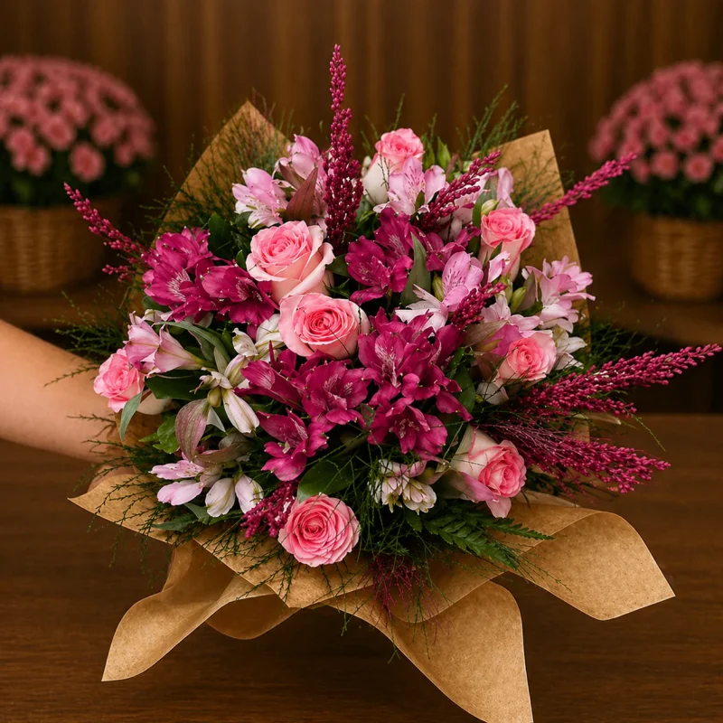 BUQUÊ DE ROSAS E ASTROMÉLIAS PINK