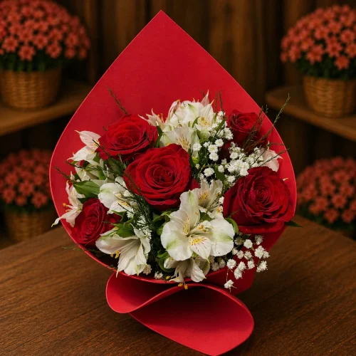 BUQUÊ DE ROSAS VERMELHAS E ASTROMÉLIAS BRANCAS
