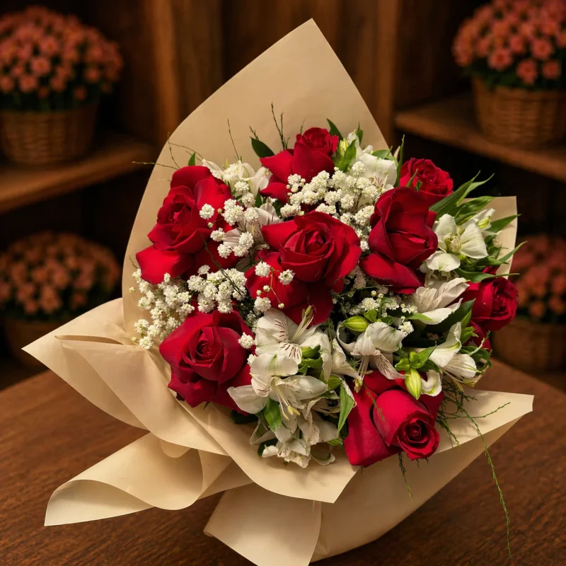 BUQUÊ DE ROSAS COM ASTROMÉLIAS E GYPSOPHILA