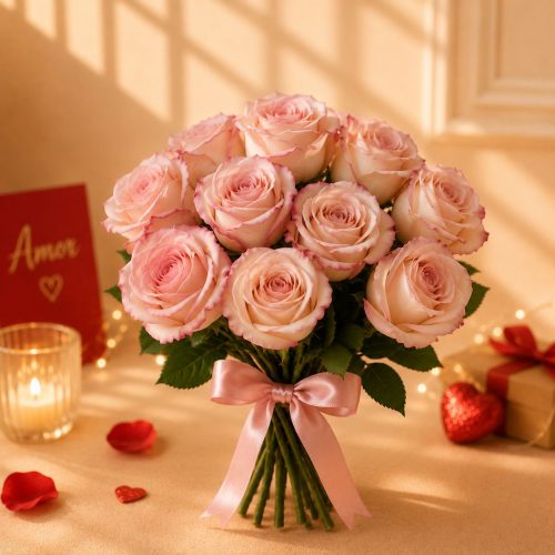 BUQUÊ COM 12 ROSAS COR DE ROSA