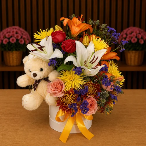 BOX COM MIX DE FLORES E PELÚCIA