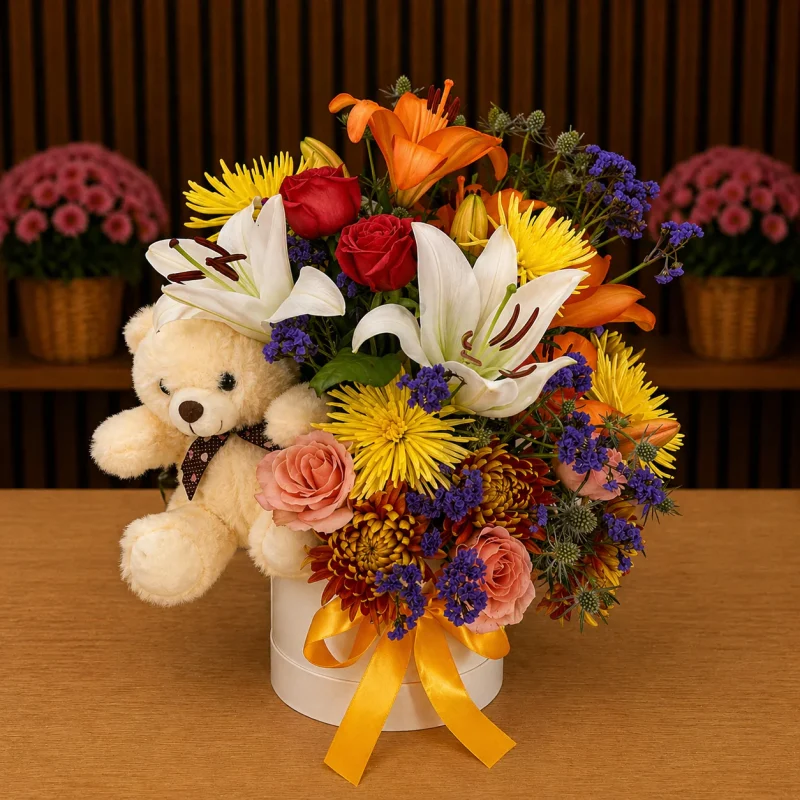 BOX COM MIX DE FLORES E PELÚCIA