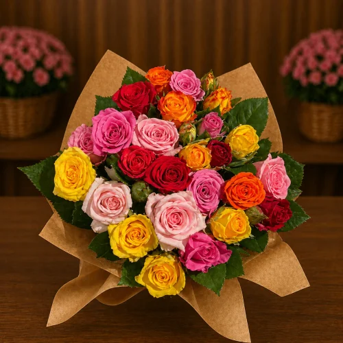 BUQUÊ DE MINI ROSAS COLORIDAS