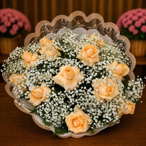 RAMALHETE COM 12 ROSAS CHAMPAGNE