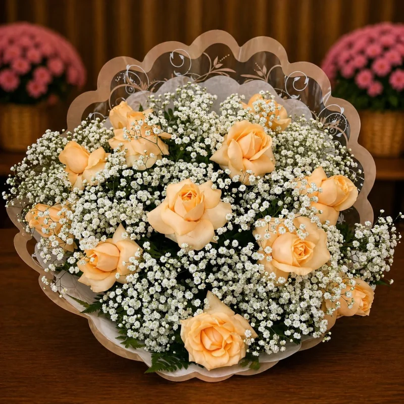 RAMALHETE COM 12 ROSAS CHAMPAGNE