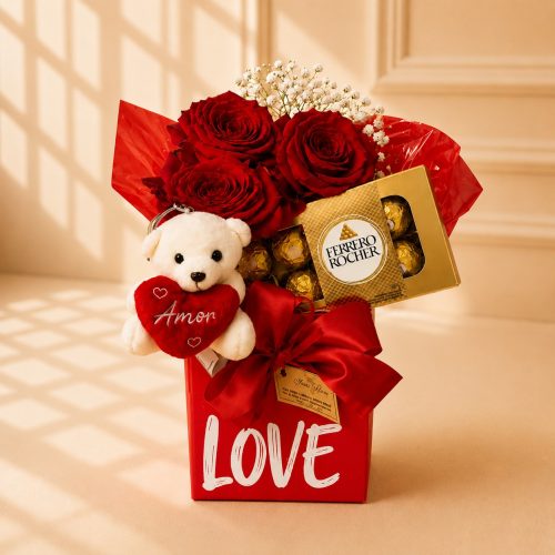 BOX LOVE VERMELHA COM ROSAS, URSINHO E FERRERO ROCHER