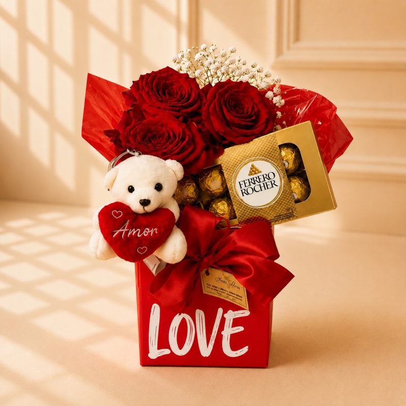 BOX LOVE VERMELHA COM ROSAS, URSINHO E FERRERO ROCHER