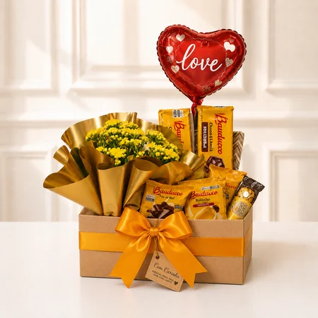 CESTA COM KALANDIVA, BAUDUCCO, BALÃO E TRIO DE FERRERO ROCHER