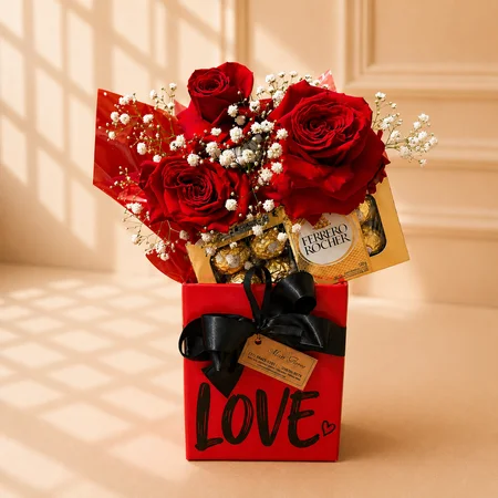 BOX LOVE VERMELHA COM ROSAS VERMELHAS E FERRERO ROCHER