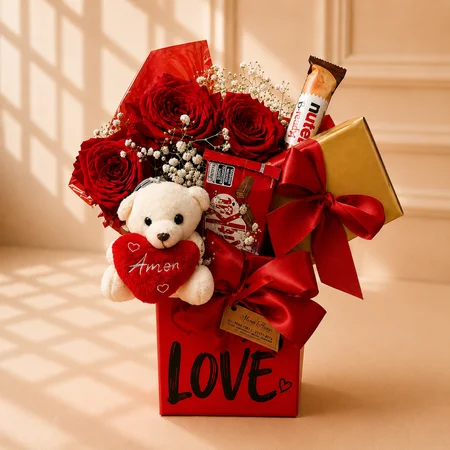 BOX LOVE VERMELHA COM ROSAS VERMELHAS E CHOCOLATES
