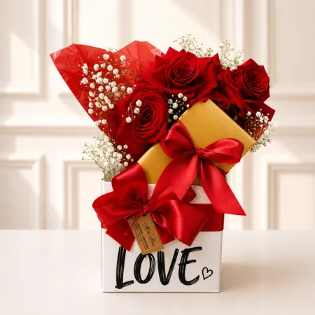 BOX LOVE BRANCA COM ROSAS VERMELHAS E BOMBOM NESTLÉ