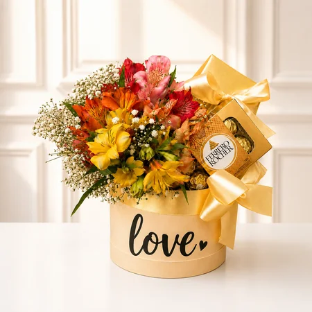 BOX PEROLA COM ASTROMÉLIAS COLORIDAS BOMBOM NESTLÉ E FERRERO ROCHER