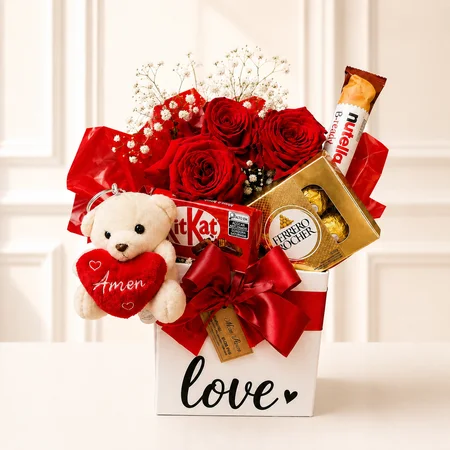 BOX BRANCA LOVE COM ROSAS E CHOCLATES