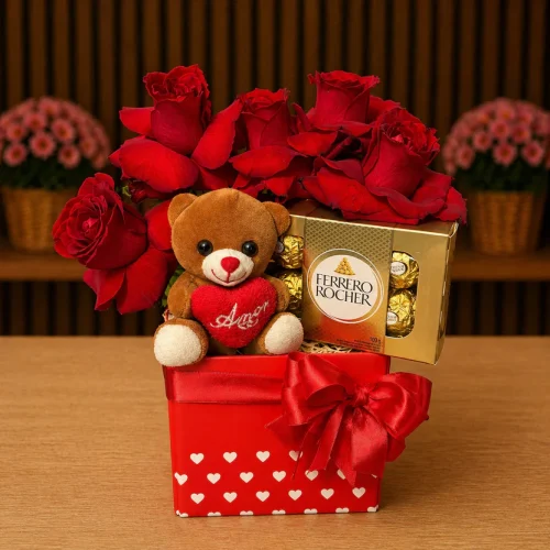 BOX VERMELHA COM ROSAS, URSINHO E FERRERO ROCHER